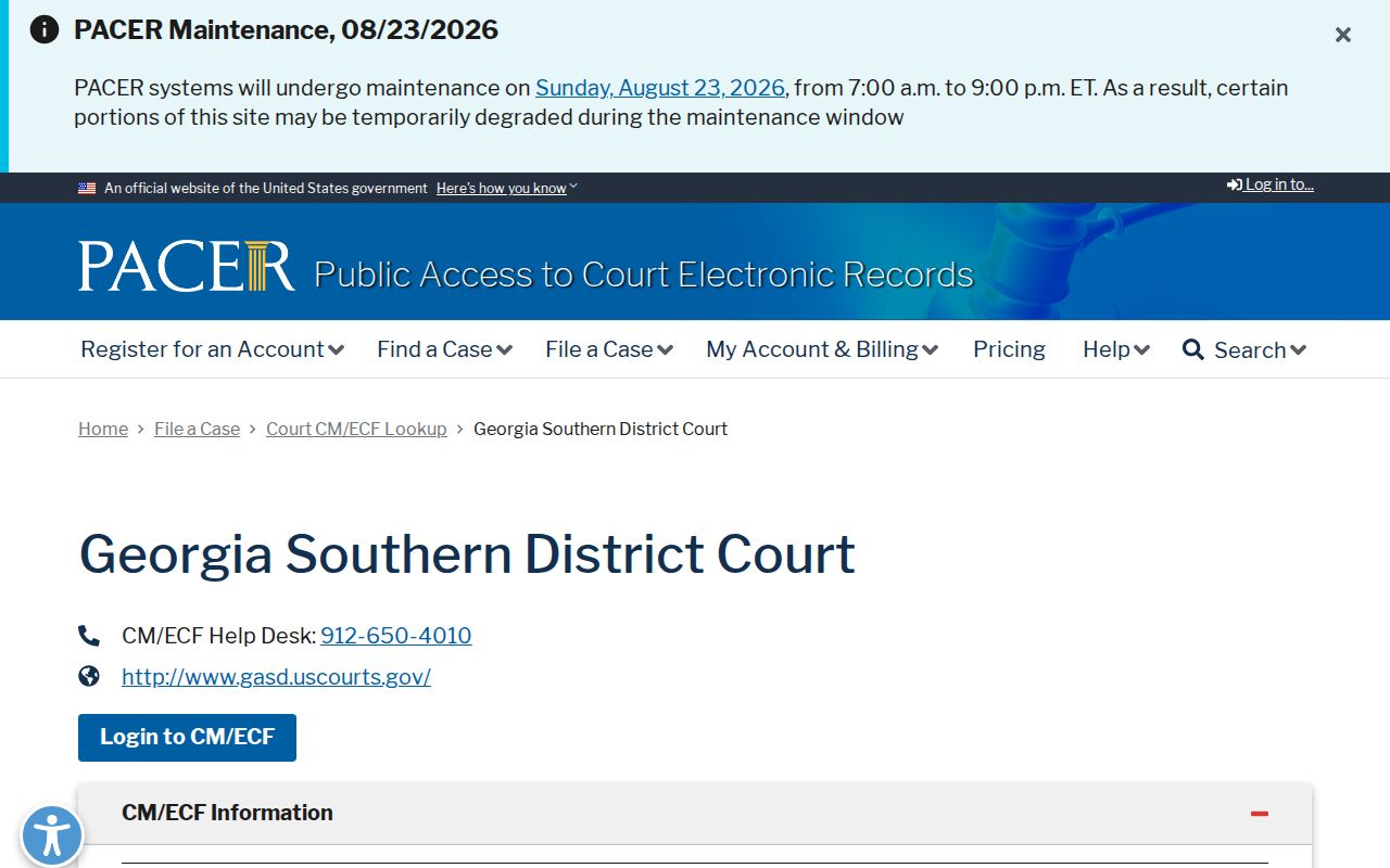 PACER Southern District route for Taliaferro County federal case lookup