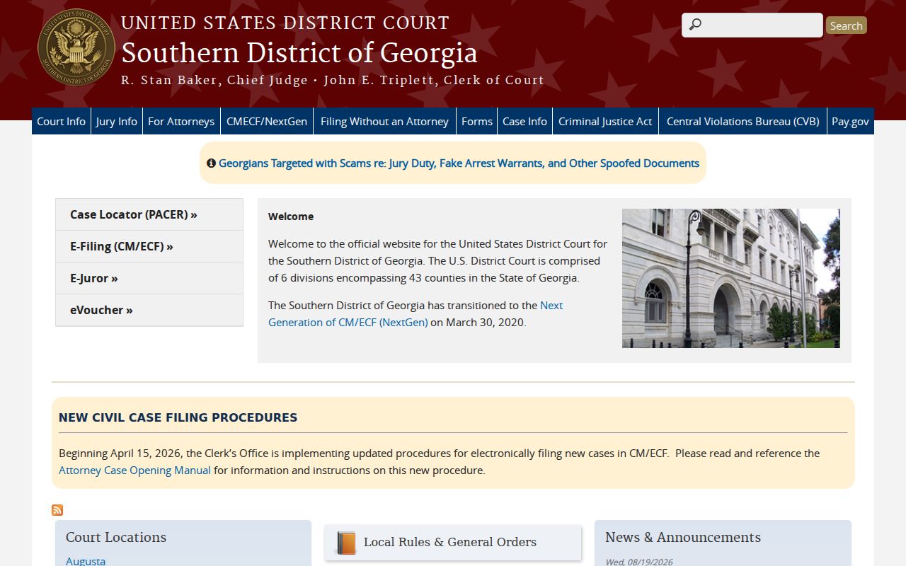 Southern District of Georgia court homepage for federal calendar notices