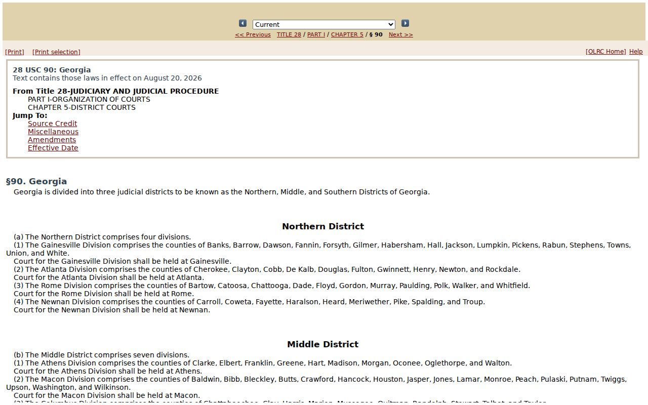 United States Code text assigning Taliaferro County to the Augusta Division