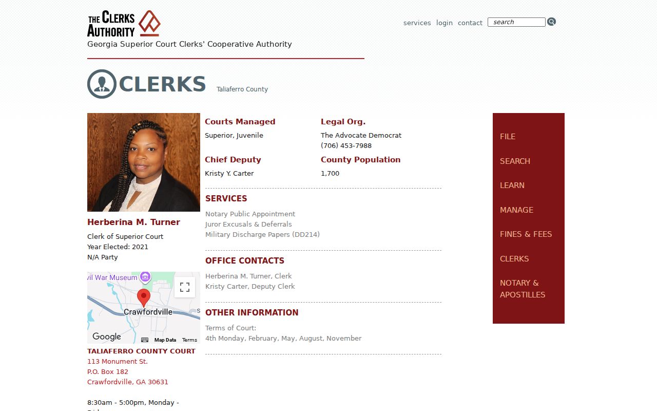 Clerk profile for Taliaferro County court docket records